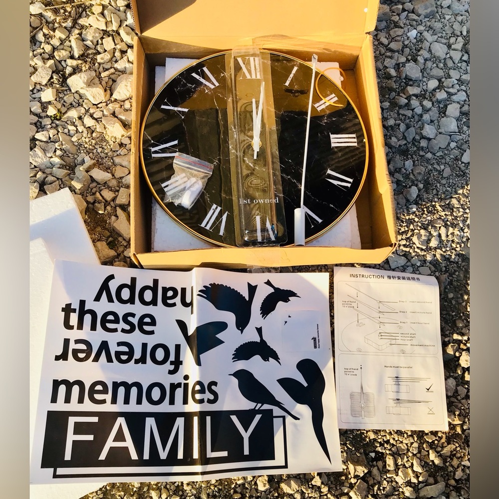 NIB Black Marble Look / Gold Wall Clock w/ Pendulum & Decorative Stickers